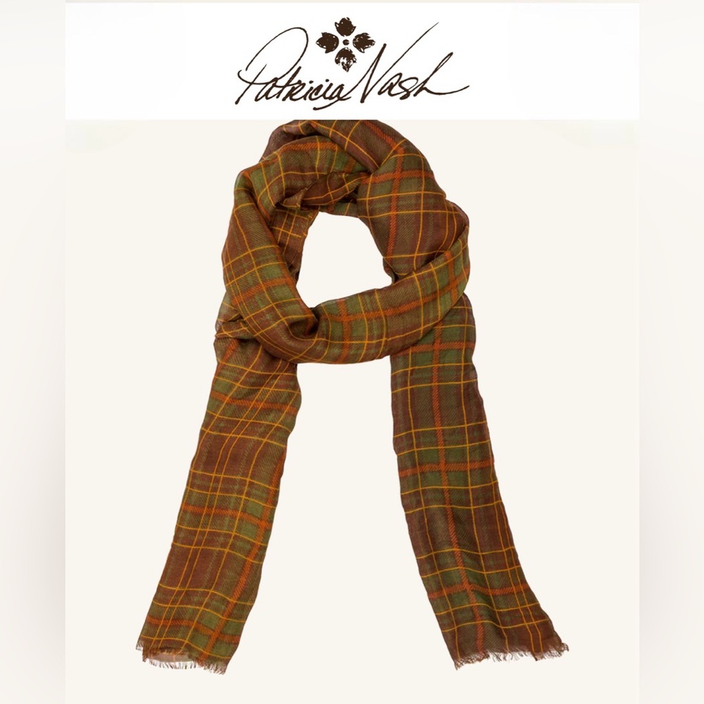 NWT Patricia Nash Plaid Fringe Scarf Brown Olive Orange - Picture 3 of 3